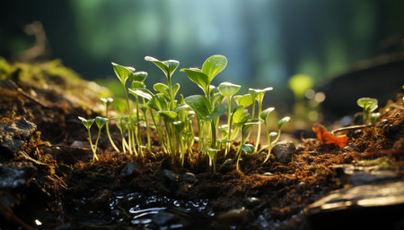Fresh green leaves grow in the macro beauty of nature generated by artificial intelligenceの素材