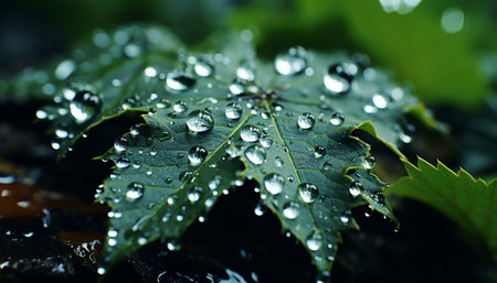 Vibrant green leaf reflects dew, nature beauty in summer generated by artificial intelligenceの素材