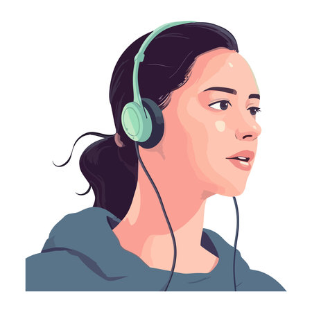 woman smiling, listening with headphones isolatedのイラスト素材