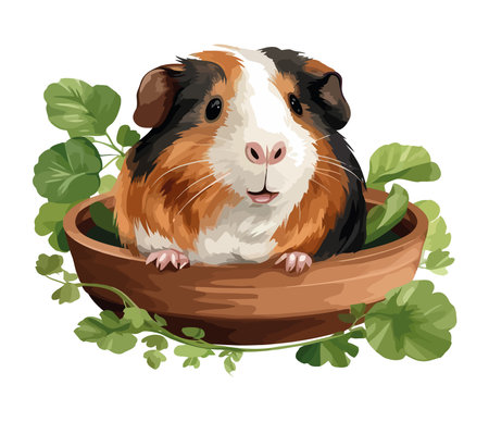 Fluffy pets sitting in grass, eating foodのイラスト素材