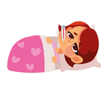 kid sick with fever in a bedのイラスト素材
