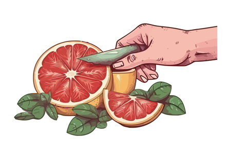 Hand slices juicy grapefruit, natureのイラスト素材