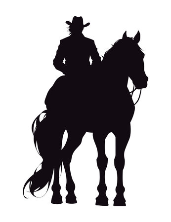 cowboy silhouette in horse outdoorsのイラスト素材