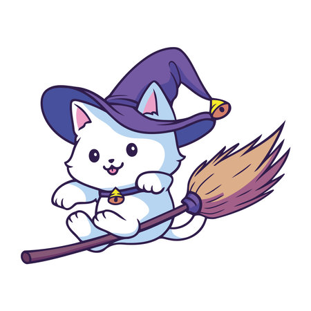 halloween pet cat flying on broomのイラスト素材