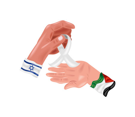 israel and palestine flags in hands lifting ribbonのイラスト素材