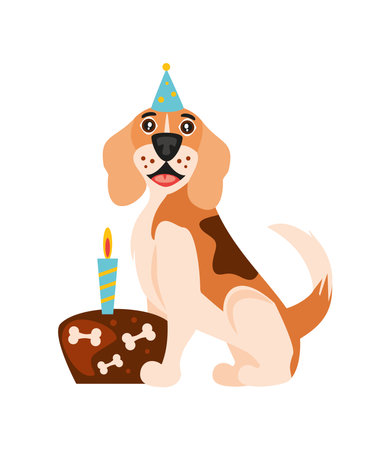 cute dog with cake and party hatのイラスト素材
