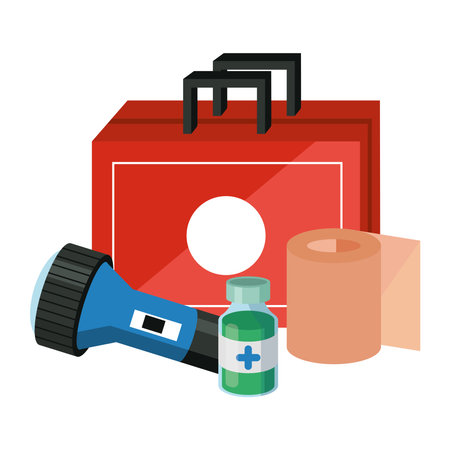 first aid kit with bandage and flashlightのイラスト素材
