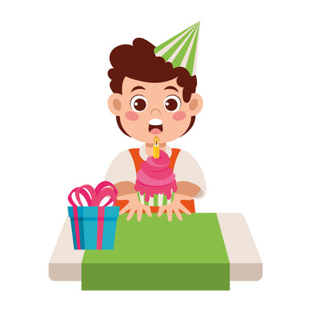 cute boy blowing birthday candleのイラスト素材
