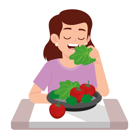 happy woman eating vegan foodのイラスト素材