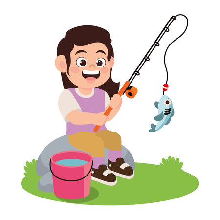 happy girl fishing cartoon characterのイラスト素材