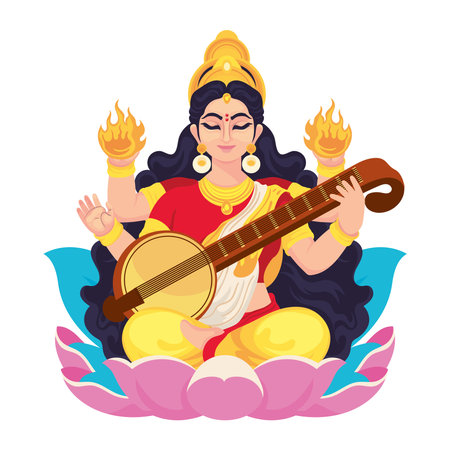 goddess saraswati sitting with sitarのイラスト素材