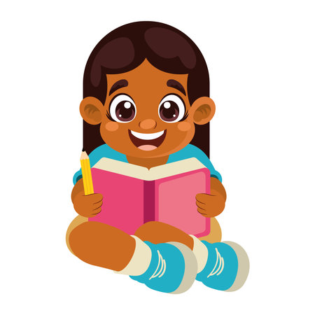 afro little student girl reading characterのイラスト素材