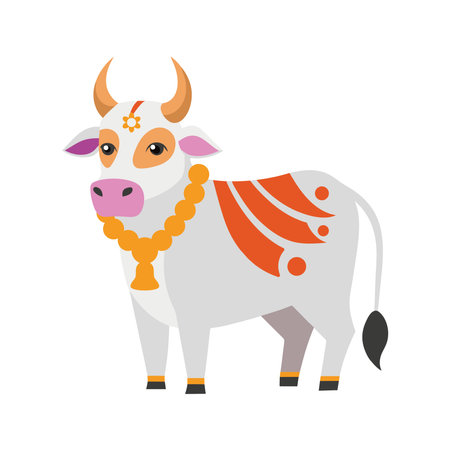 Decorated Indian Cow Cartoon Sacred Holy Indian Peaceful Flat Animal Portraitのイラスト素材