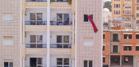 Curtains blowing in the wind outside the window.の写真素材