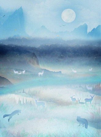 illustration of deer and natural scenery