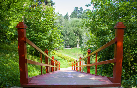 Red wooden staircase. View from above.