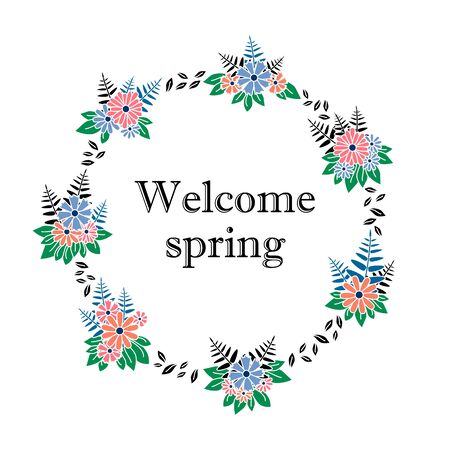 Vintage floral frame with text inside Welcome spring on a white backgroundのイラスト素材