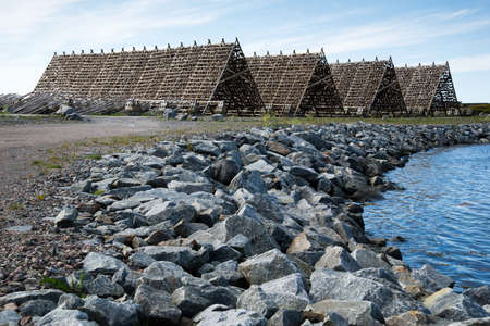 wooden buildings for fish drying, Lofoten Islandsの写真素材