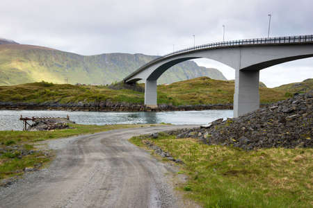 bridge over river on Lofoten Islandsの写真素材