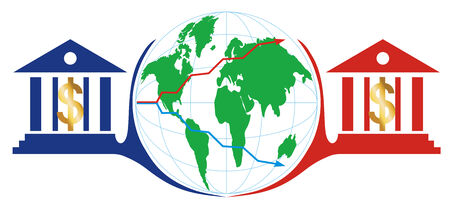 Illustration with world map and two banks which co-operating, helping each other in  economic crisis times.のイラスト素材
