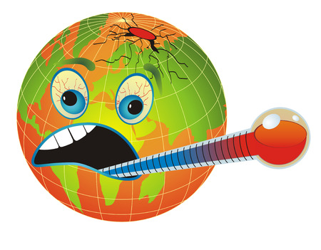 Global warming. Cartoon illustration with globe and thermometer measuring the planet temperature. のイラスト素材