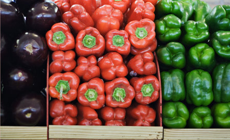 A display of eggplant, red and green bell peppers in wooden crates.