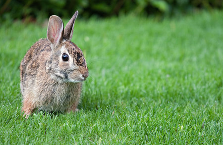 Wild Rabbit in grass - copy space at right.