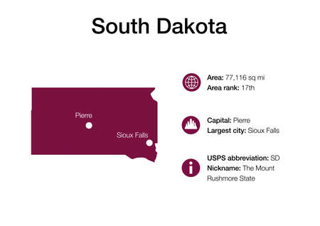 Map of South Dakota state with political demographic information and biggest citiesの写真素材