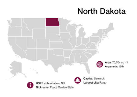 Map of North Dakota state with political demographic information and biggest citiesの写真素材