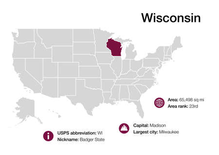 Map of Wisconsin state with political demographic information and biggest citiesの写真素材