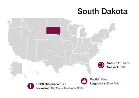 Map of South Dakota state with political demographic information and biggest citiesの写真素材