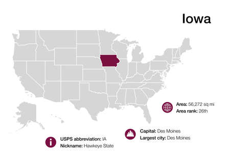 Map of Iowa state with political demographic information and biggest citiesの写真素材