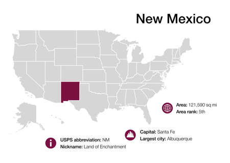 Map of New Mexico state with political demographic information and biggest citiesの写真素材