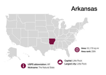 Map of Arkansas state with political demographic information and biggest citiesの写真素材