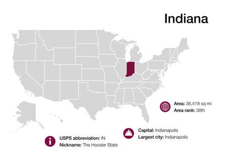Map of Indiana state with political demographic information and biggest citiesの写真素材