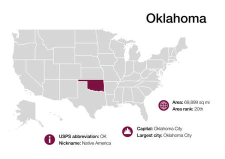 Map of Oklahoma state with political demographic information and biggest citiesの写真素材