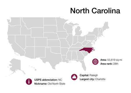 Map of North Carolina state with political demographic information and biggest citiesの写真素材