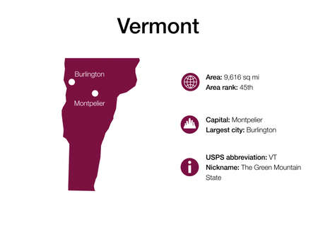 Map of Vermont state with political demographic information and biggest citiesの写真素材