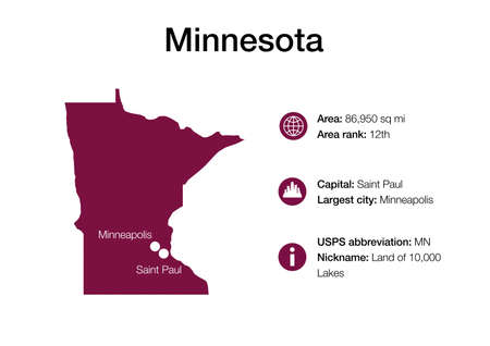 Map of Minnesota state with political demographic information and biggest citiesの写真素材