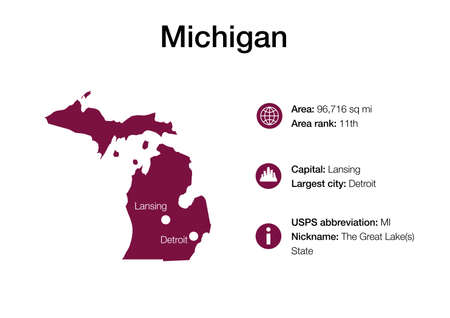 Map of Michigan state with political demographic information and biggest citiesの写真素材