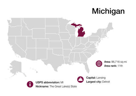 Map of Michigan state with political demographic information and biggest citiesの写真素材