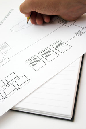 Schematic for a network design - shallow depth of field