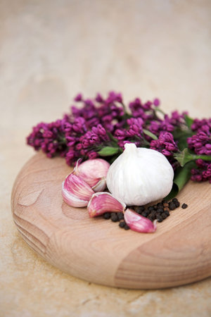 Composition of garlic & black peppercorns on a wooden chopping block - shallow dofの写真素材