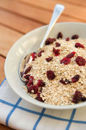 Porridge oats & dried cranberries ready for breakfast - healthy eating concept. Shallow dofの写真素材