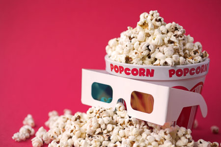 3D glasses & a bucket of popcorn - 3D cinema concept, shallow dof