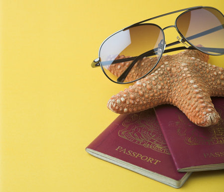 Passport, sunglasses & starfish on yellow - shallow dof - concept for travel or holidays (vacations). Copy area to the leftの写真素材