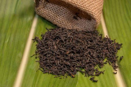 Delicious black tea in a fabric bag laying on a leafの写真素材