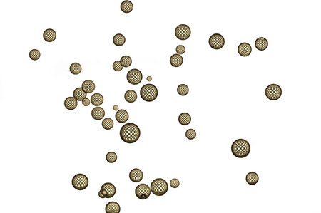 A group of checkered round bubbles soars over a white background.