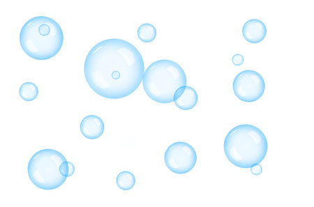 Blue soap bubbles, flying over a white background.