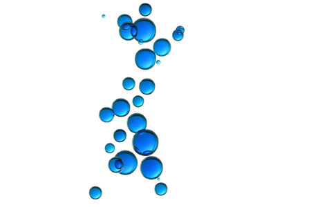 Blue flowing water bubbles over white, fizz, isolated.の写真素材